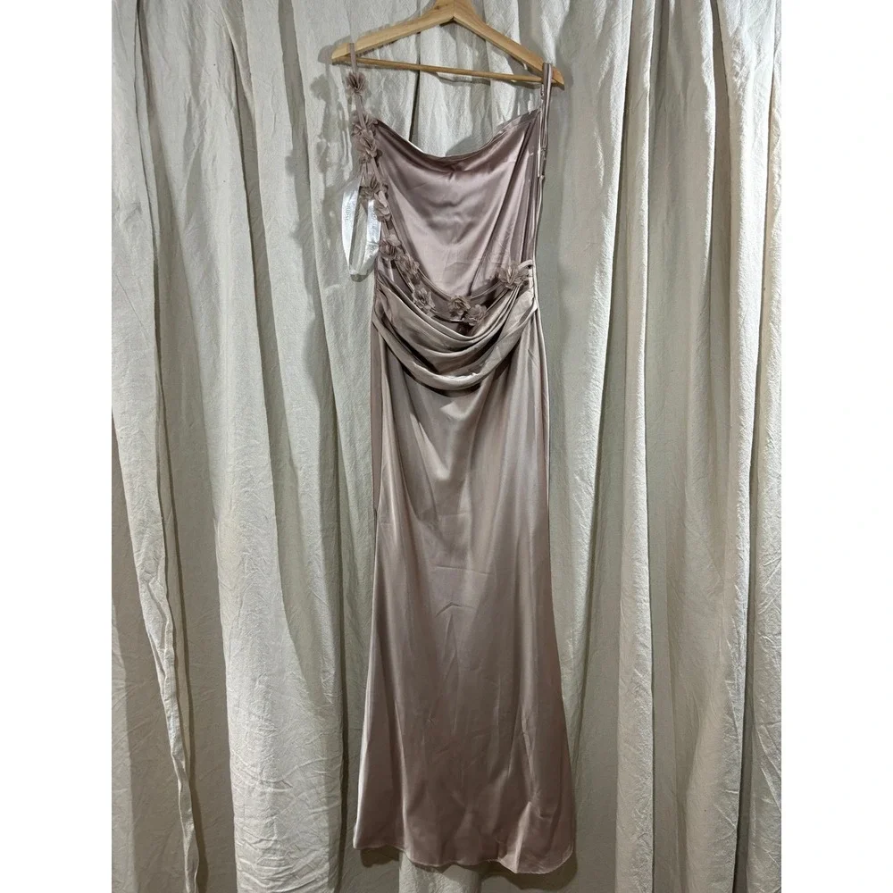 JLUXLABEL Down The Aisle Satin Maxi Dress Taupe Cowl Neck Floral Open Back Small - Picture 3 of 9